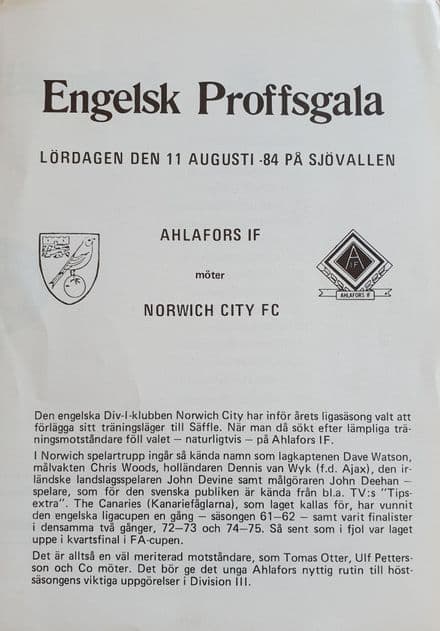 Ahlafors IF v Norwich (1984, Aug 11th)