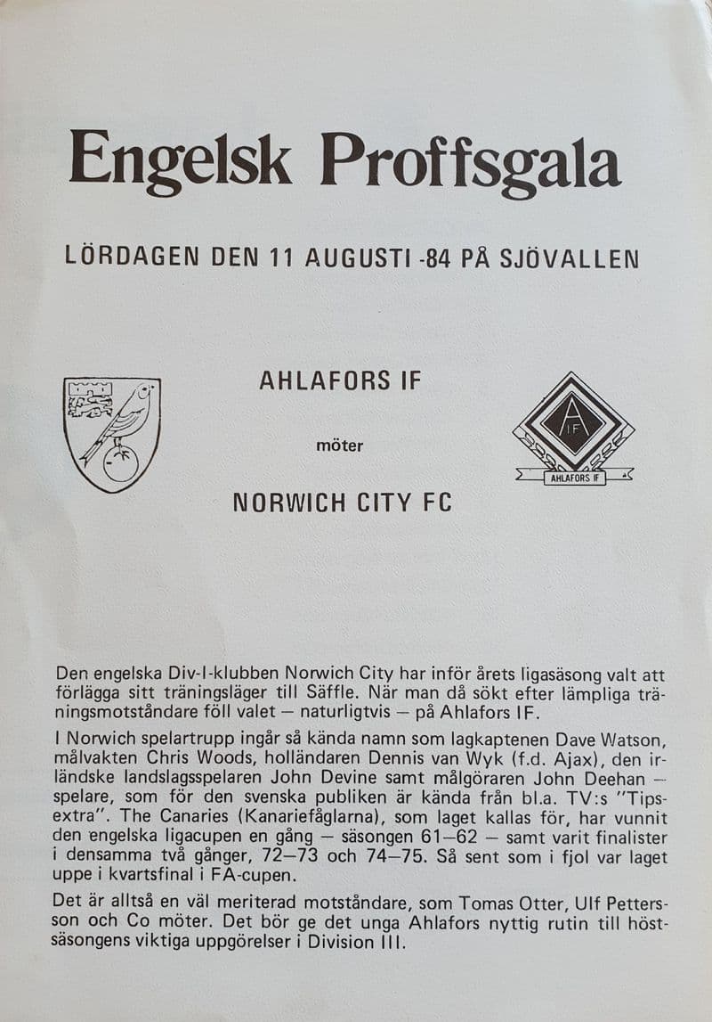 Ahlafors IF v Norwich (1984, Aug 11th)