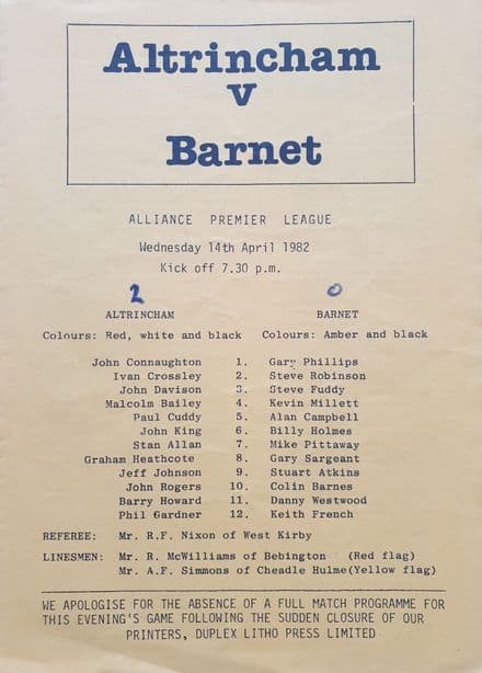 Altrincham v Barnet, Alliance Prem (1982, Apr 14th)