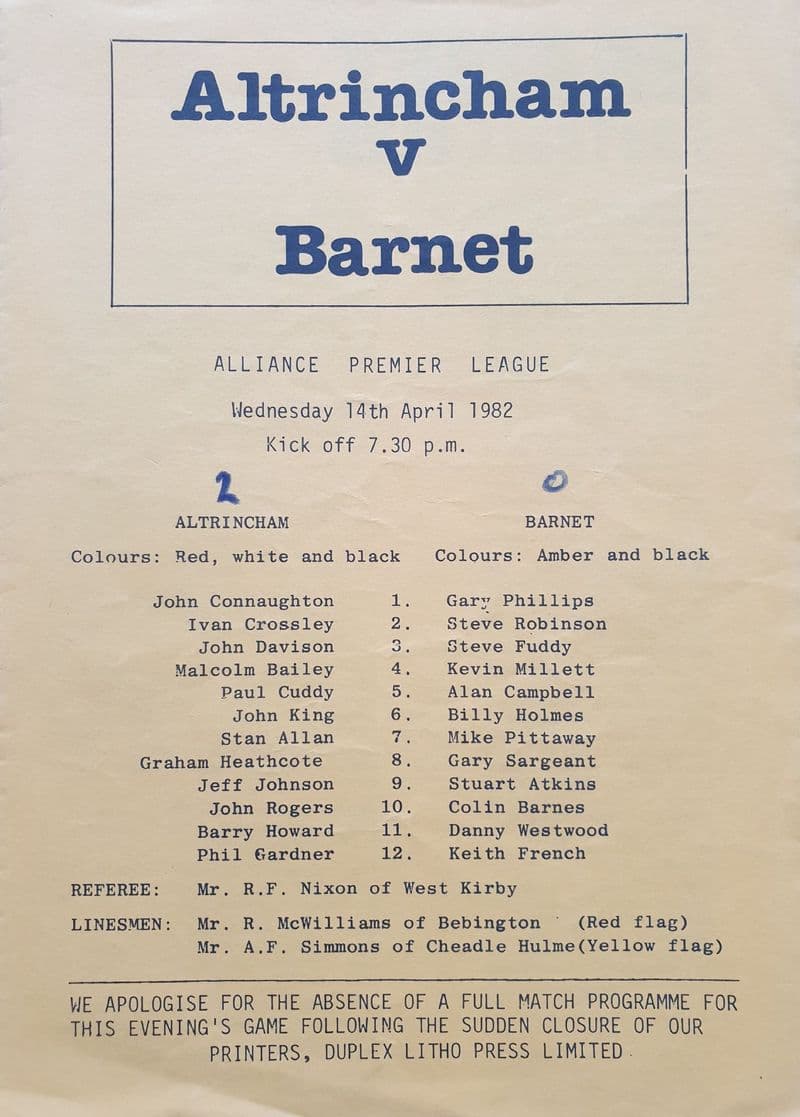 Altrincham v Barnet, Alliance Prem (1982, Apr 14th)