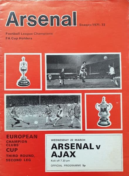 Arsenal v Ajax, European Cup (1972, Mar 22nd - Good Condition)