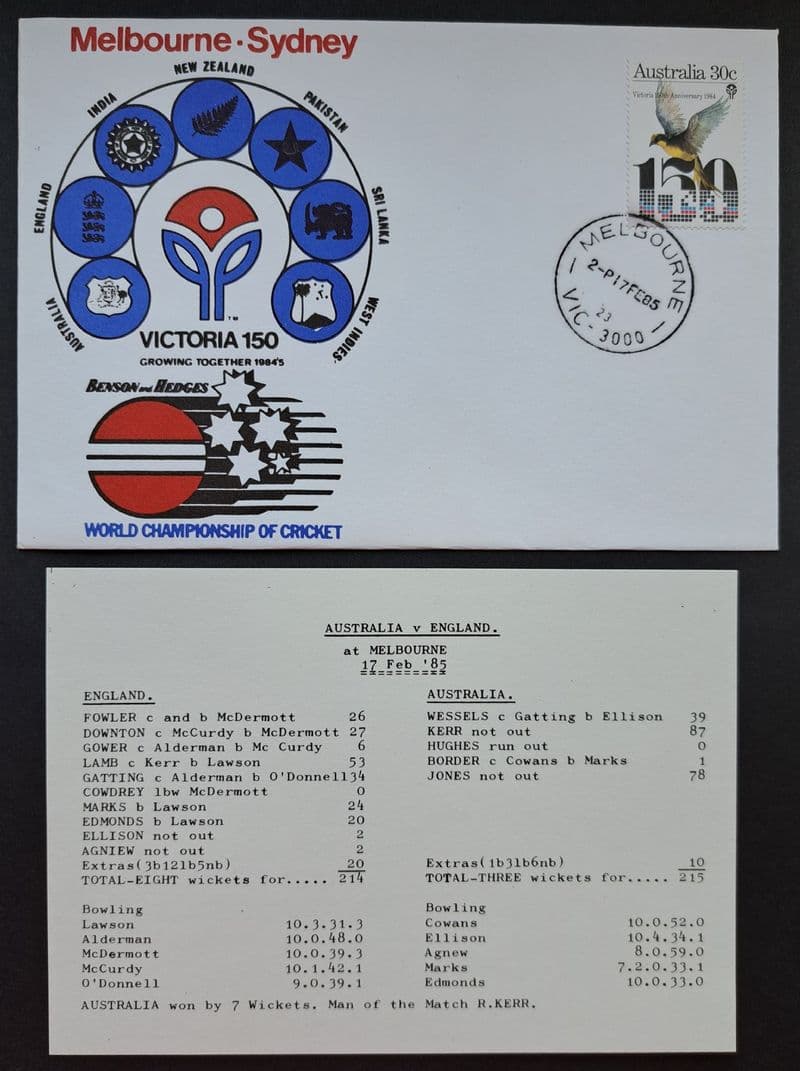Australia v England - WCC (1985, Feb 17th) FDC and Scorecard