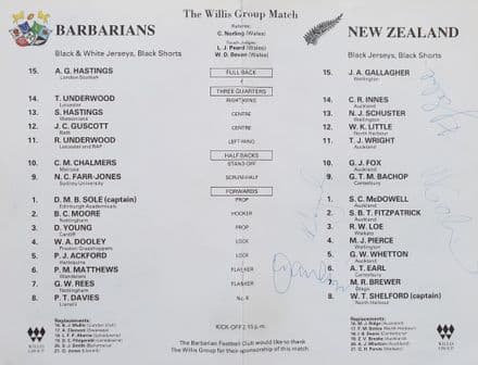 Barbarians v New Zealand (1989, 25th Nov) SIGNED Team Pages