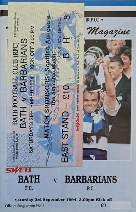 Bath v Barbarians (1994, Sep 3rd) plus Ticket
