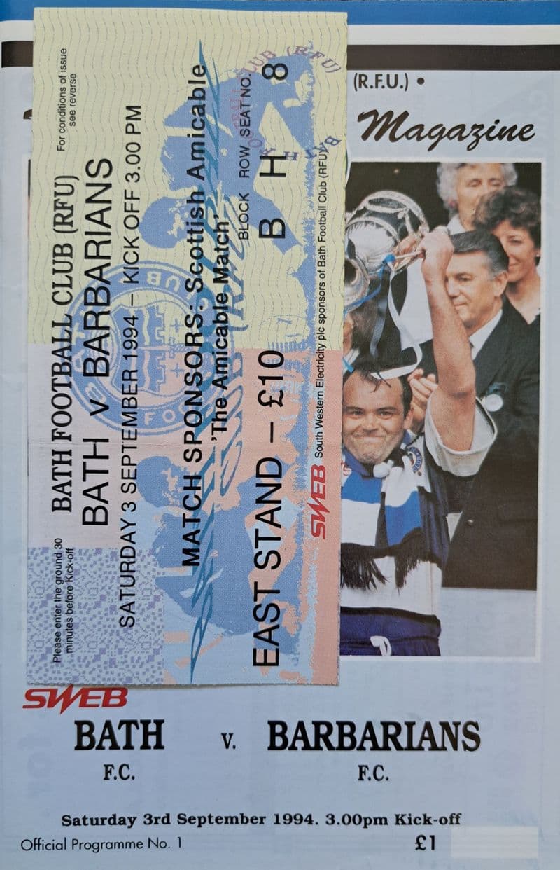 Bath v Barbarians (1994, Sep 3rd) plus Ticket