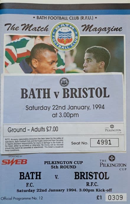 Bath v Bristol (1994, Jan 22nd) plus Ticket