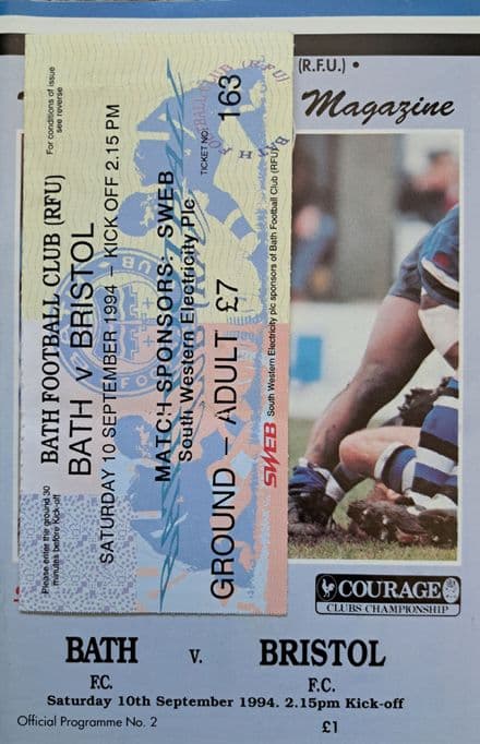Bath v Bristol (1994, Sep 10th) plus Tickets