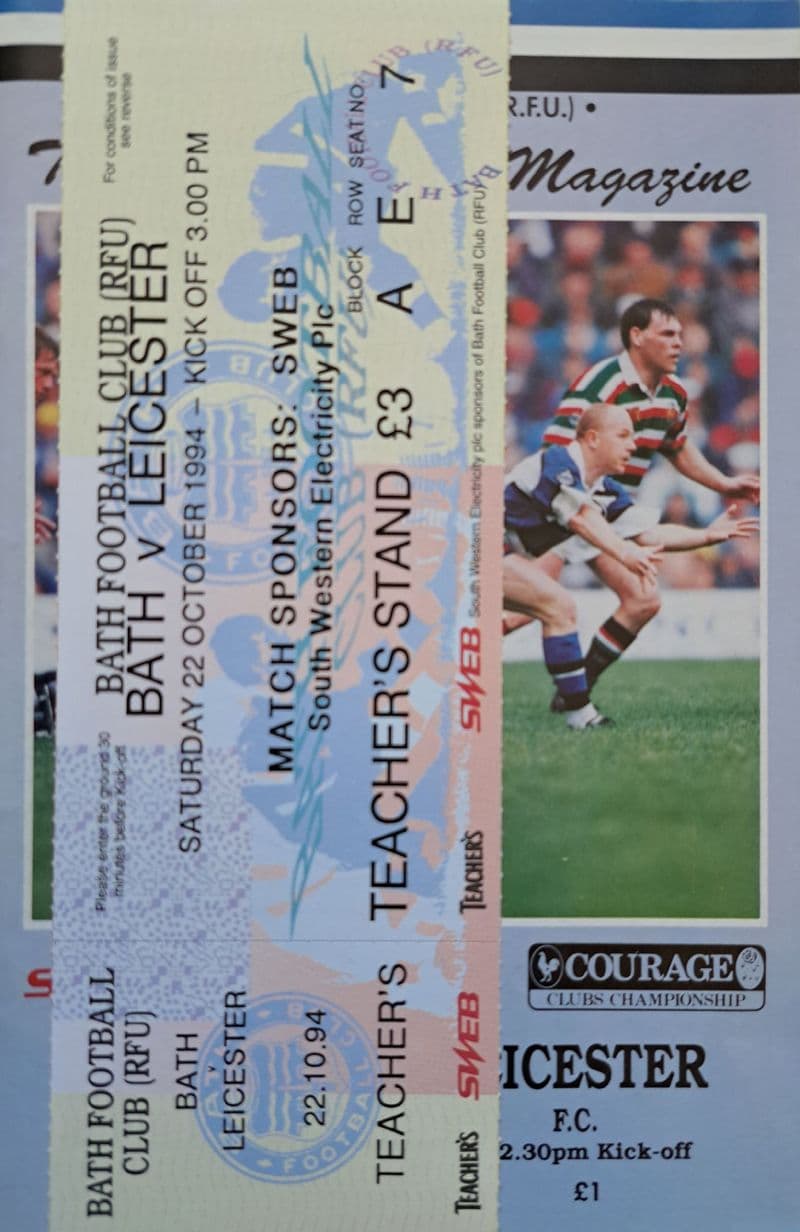 Bath v Leicester (1994, Oct 22nd) plus Tickets