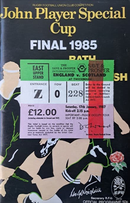 Bath v London Welsh, JPS Cup F (1985, Apr 27th) plus Ticket