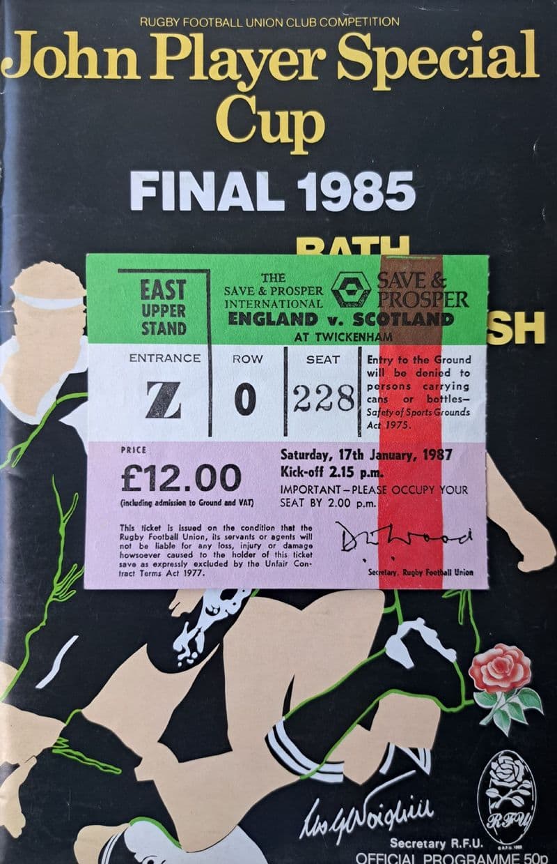 Bath v London Welsh, JPS Cup F (1985, Apr 27th) plus Ticket