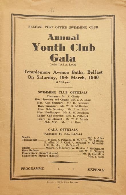 Belfast Post Office Swimming Club Annual Youth Gala (1960, Mar 19th)