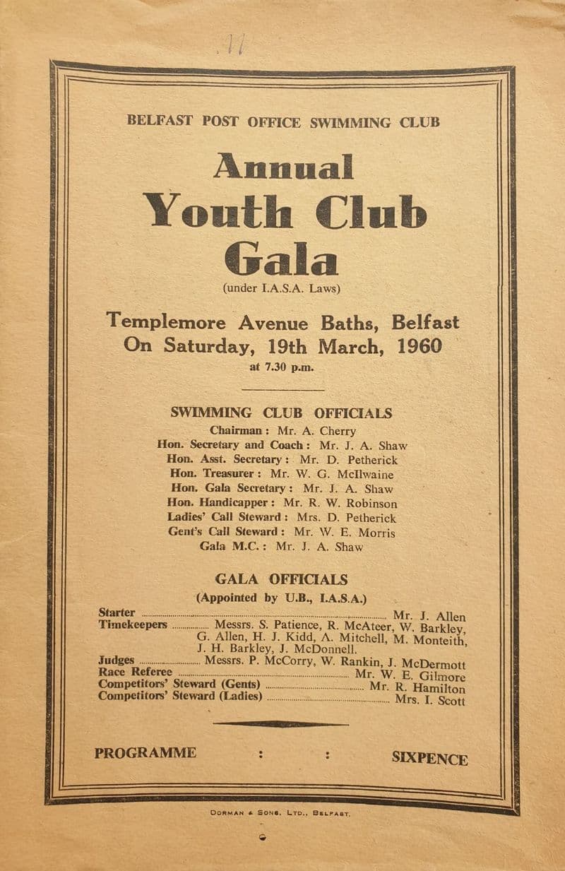 Belfast Post Office Swimming Club Annual Youth Gala (1960, Mar 19th)