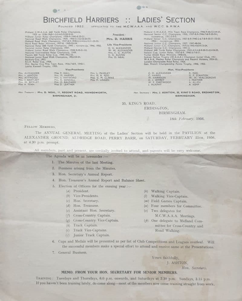 Birchfield Harriers Ladies Section AGM Report 1956