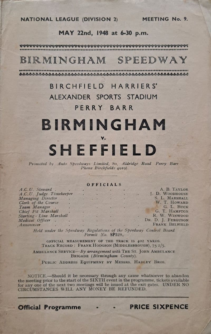 Birmingham v Sheffield (1948, May 22nd)