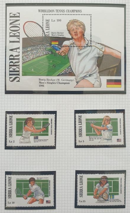 Boris Becker Sierra Leone 100 Le Stamp (1987) plus 4 x Wimbledon Champions
