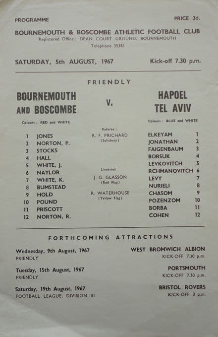 Bournemouth & Boscombe v Hapoel Tel Aviv, Friendly (1967, Aug 5th)
