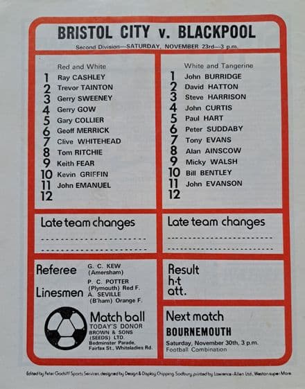 Bristol City v Blackpool, Div 2 (1974, Nov 23rd)