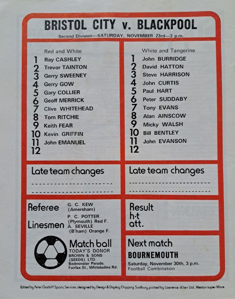 Bristol City v Blackpool, Div 2 (1974, Nov 23rd)