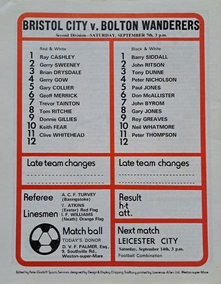 Bristol City v Bolton Wanderers, Div 2 (1974, Sep 7th)