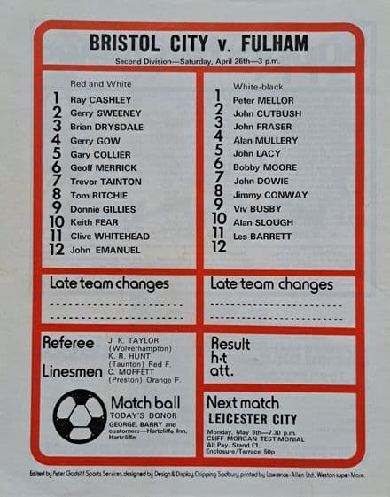 Bristol City v Fulham, Div 2 (1975, Apr 26th)