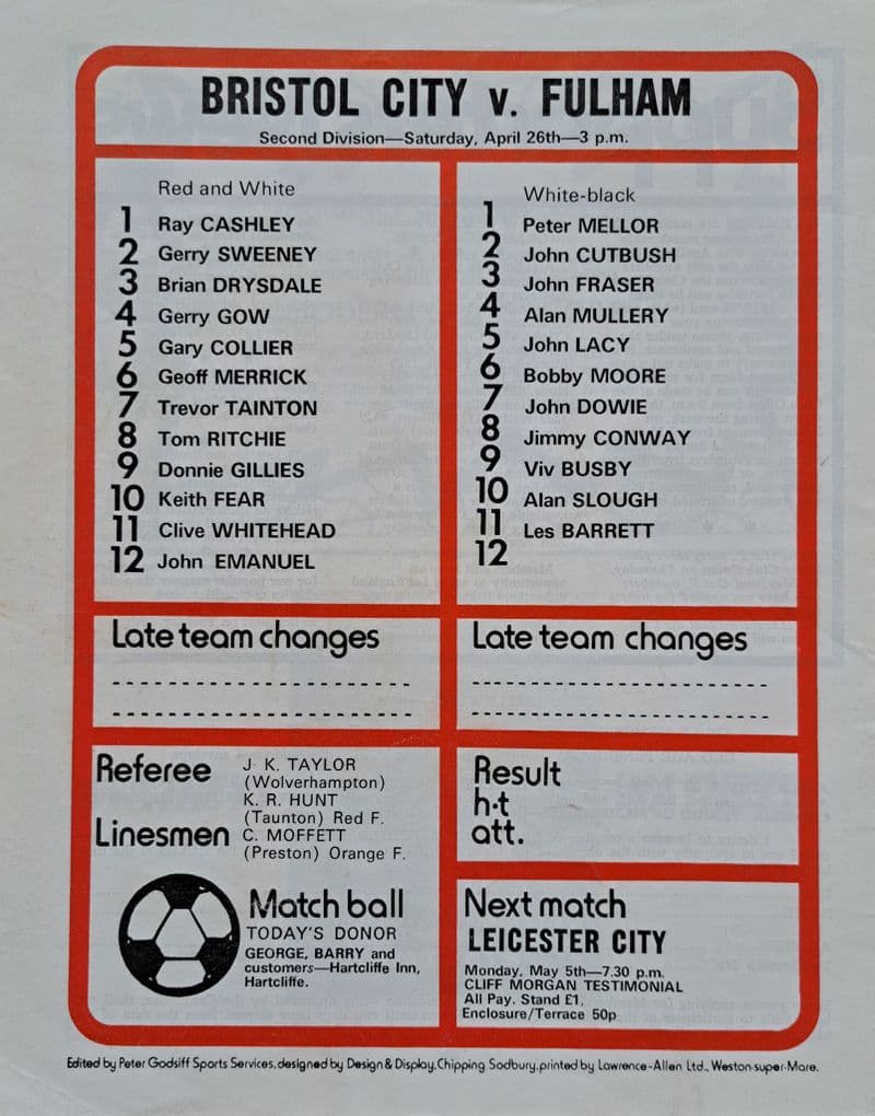 Bristol City v Fulham, Div 2 (1975, Apr 26th)