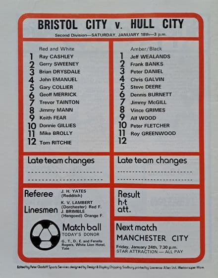 Bristol City v Hull City, Div 2 (1975, Jan 18th)