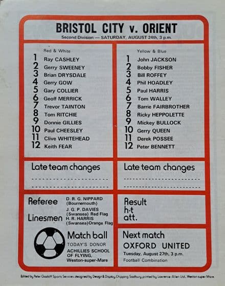 Bristol City v Leyton Orient, Div 2 (1974, Aug 24th)