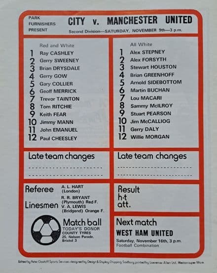 Bristol City v Manchester United, Div 2 (1974, Nov 9th)