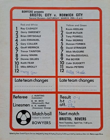 Bristol City v Norwich City, Div 2 (1975, Mar 29th)
