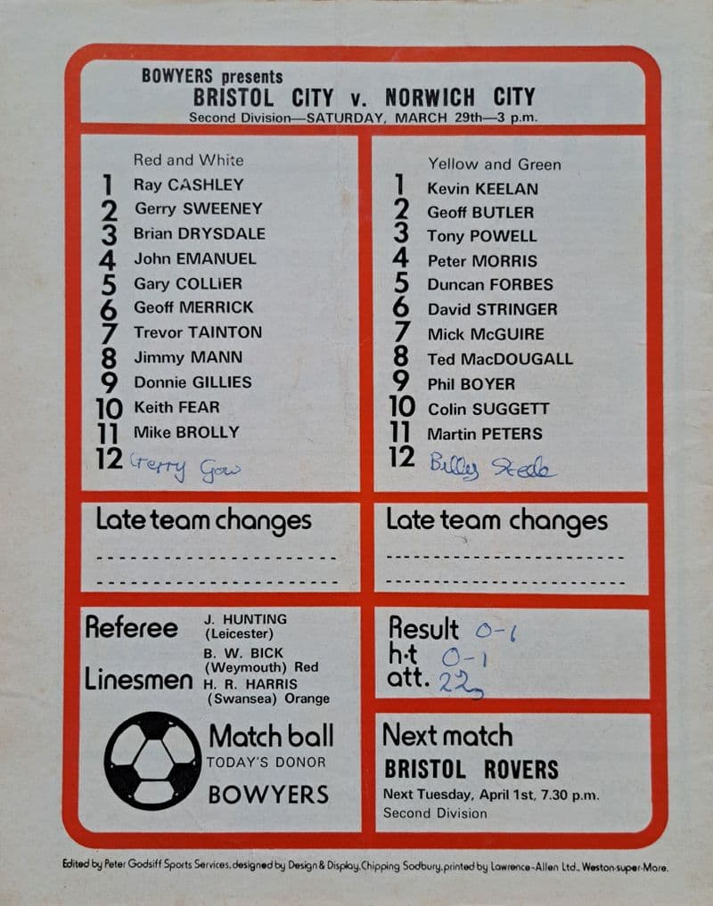 Bristol City v Norwich City, Div 2 (1975, Mar 29th)