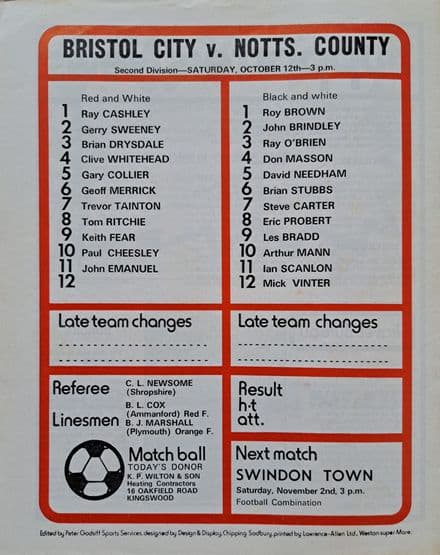 Bristol City v Notts County, Div 2 (1974, Oct 12th)