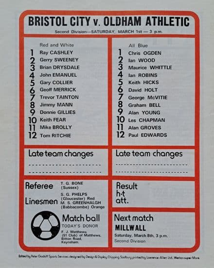 Bristol City v Oldham Athletic, Div 2 (1975, Mar 1st)