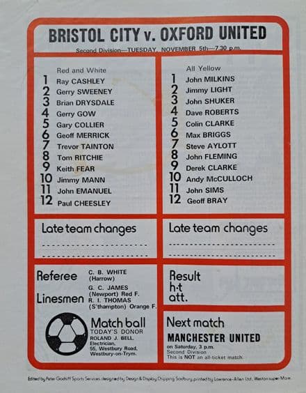 Bristol City v Oxford, Div 2 (1974, Nov 5th)
