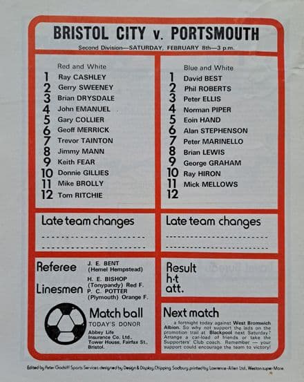 Bristol City v Portsmouth, Div 2 (1975, Feb 8th)