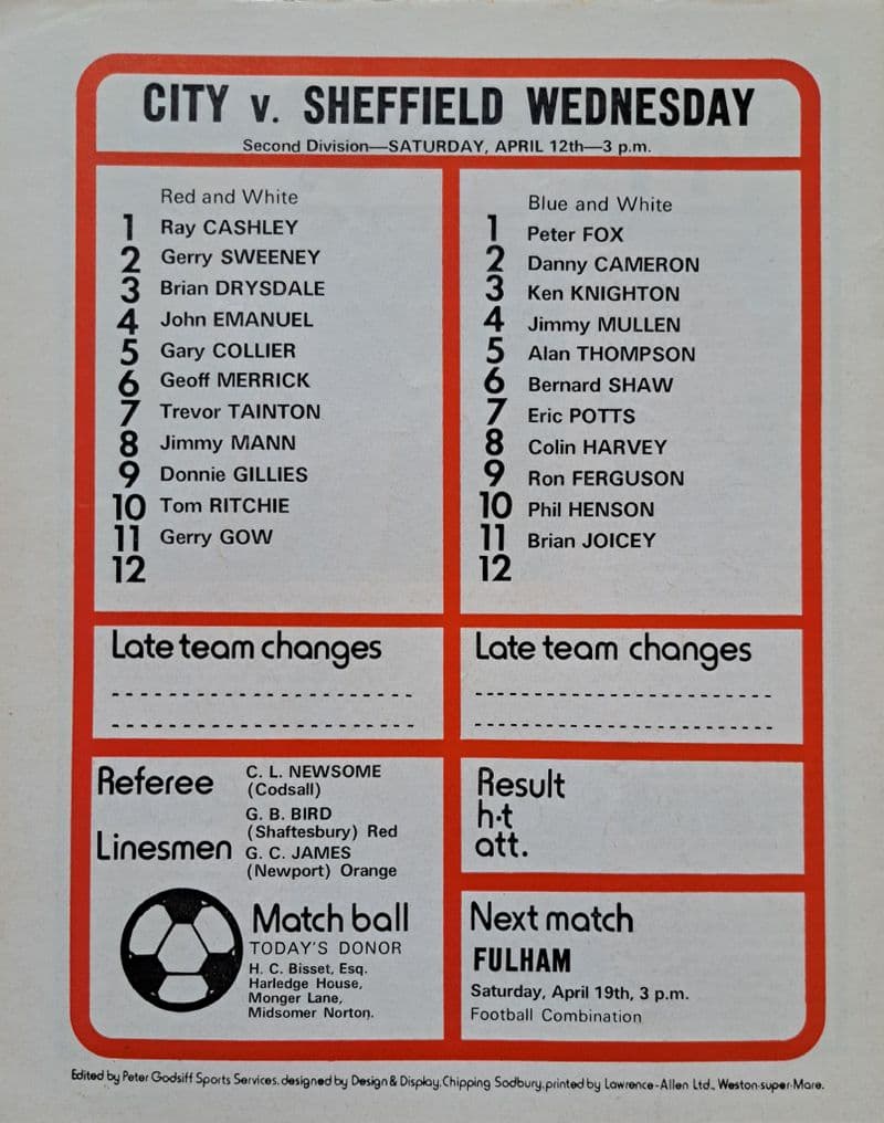 Bristol City v Sheffield Wednesday, Div 2 (1975, Apr 12th)
