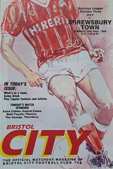 Bristol City v Shrewsbury Town, Div 3 (1989, Sep 26th)