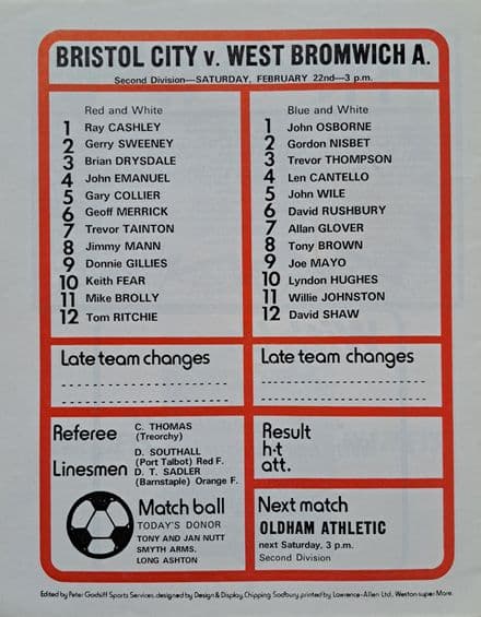 Bristol City v West Bromwich Albion, Div 2 (1975, Feb 22nd)