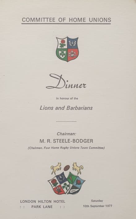 British Lions v Barbarians (1977, Sep 10th) plus Dinner Menu