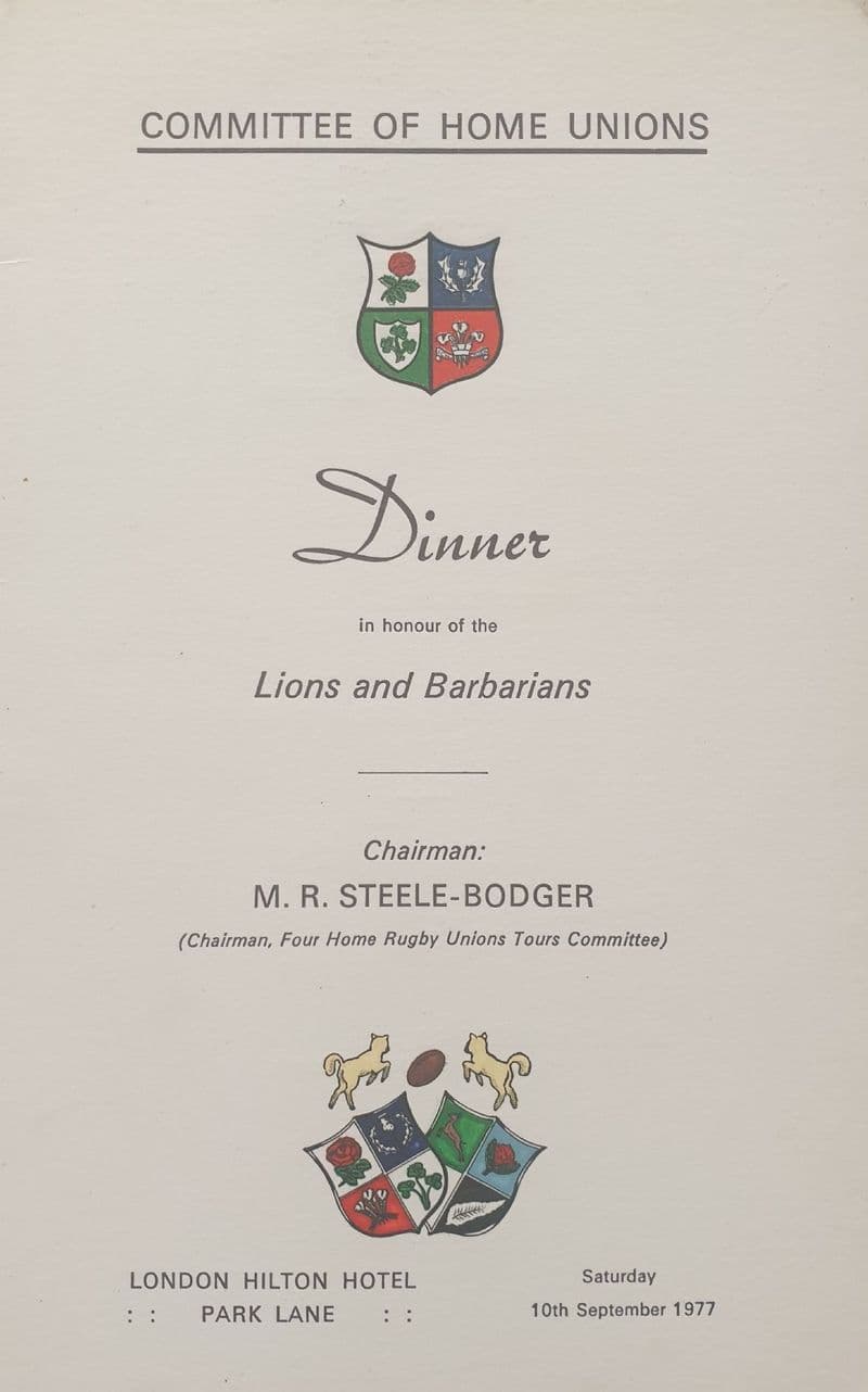 British Lions v Barbarians (1977, Sep 10th) plus Dinner Menu