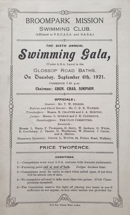 Broompark Mission Swimming Club Gala (1921, Sep 6th)