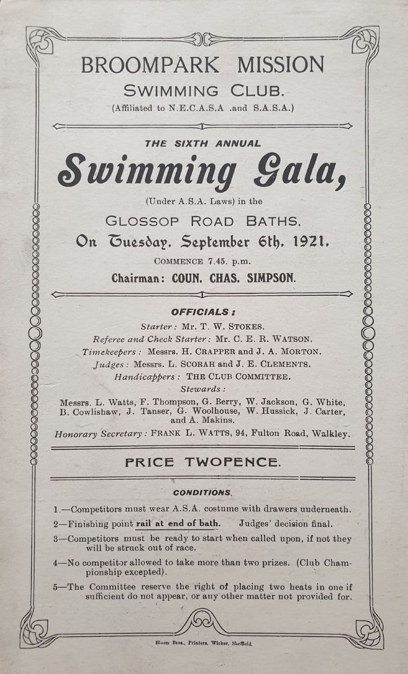 Broompark Mission Swimming Club Gala (1921, Sep 6th)