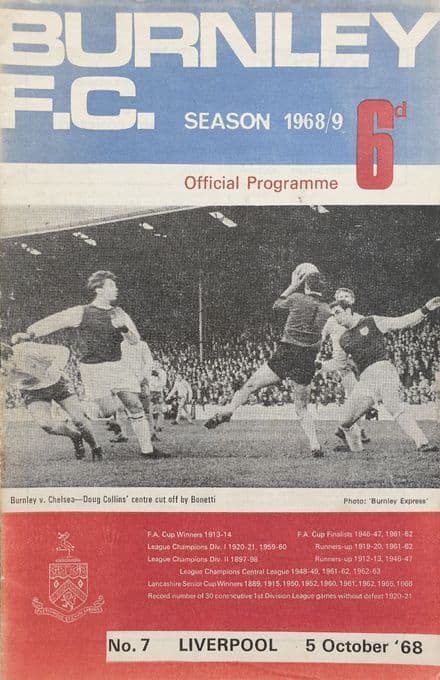 Burnley v Liverpool, Div 1 (1968, Oct 5th)