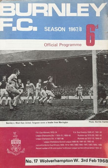 Burnley v Wolves, Div 1 (1968, Feb 3rd) & FLR
