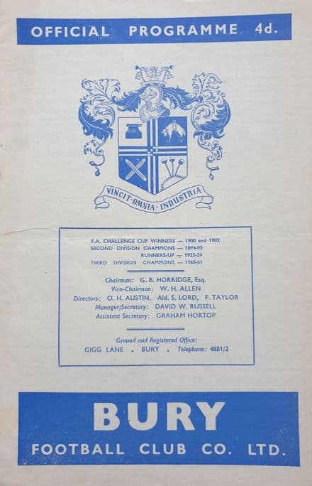 Bury v Bristol Rovers, Div 2 (1961, Aug 22nd)