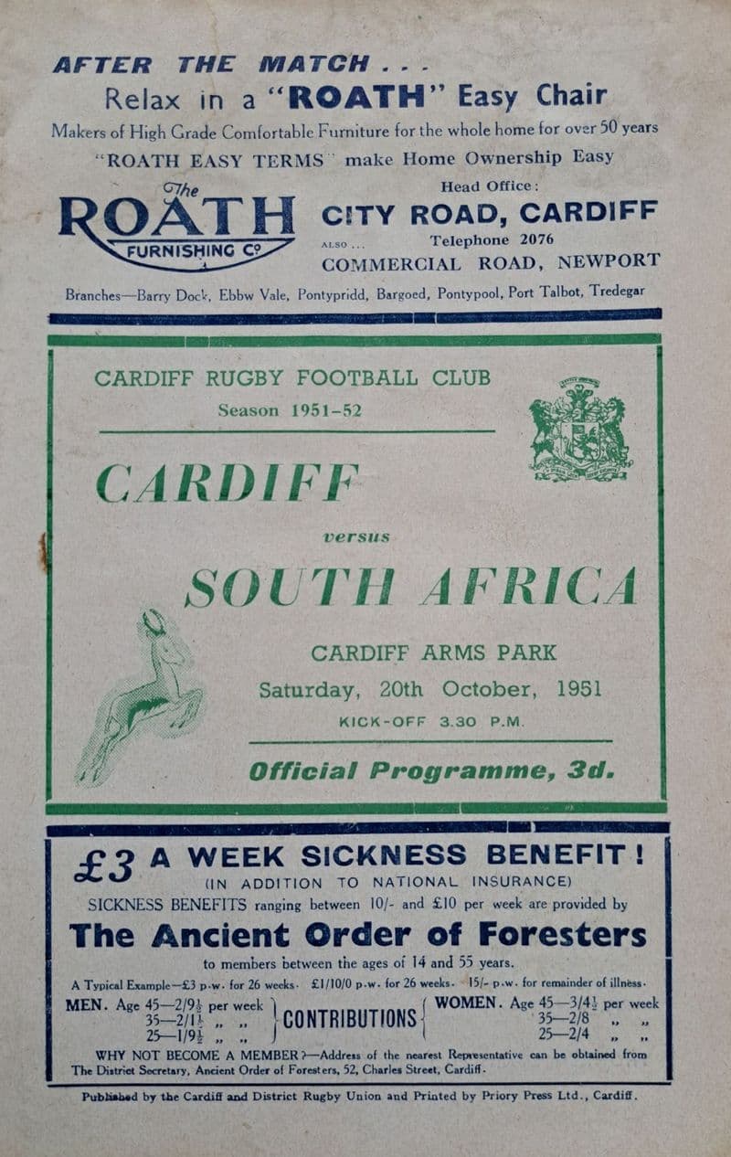 Cardiff v South Africa (1951, Oct 20th) Fair Copy
