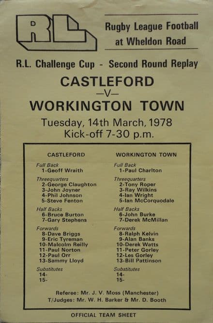 Castleford v Workington, Challenge Cup - Team Sheet (1978, March 14th)