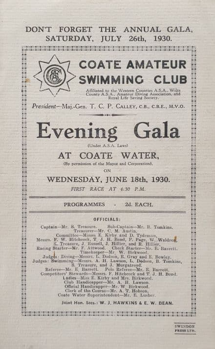 Coate Amateur Swimming Club Evening Gala (1930, Jun 18th)