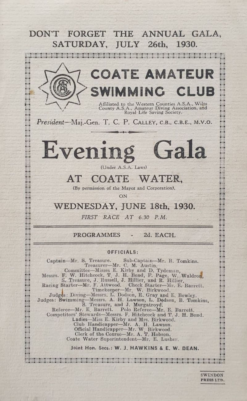 Coate Amateur Swimming Club Evening Gala (1930, Jun 18th)