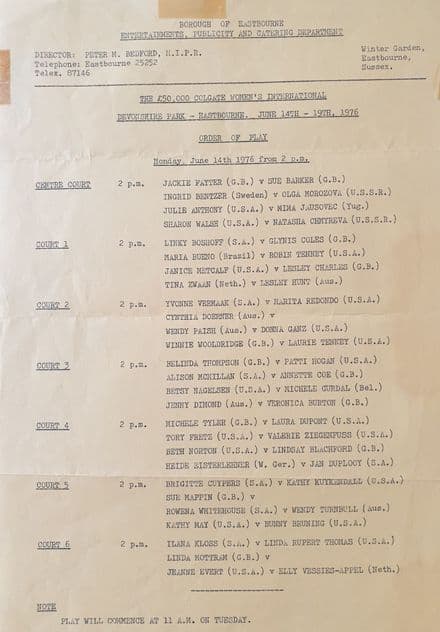 Colgate International Eastbourne (1976, Jun 14th) Order of Play