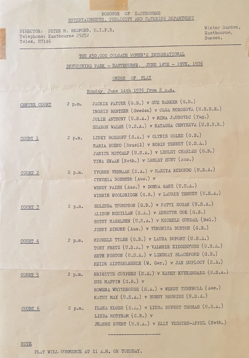 Colgate International Eastbourne (1976, Jun 14th) Order of Play